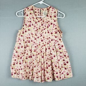 Vasia Size 6 Sleeveless Pleat  Blouse Pink Red Rosette Floral Summer 100% Cotton